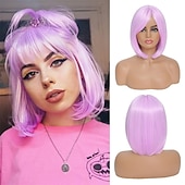 baratos Perucas Sintéticas sem Touca-peruca loira com franja - peruca loira curta de 12&#039;&#039; para mulheres perucas de cor natural com franja super macia e fácil de usar peruca reta bob peruca sintética para o dia das bruxas