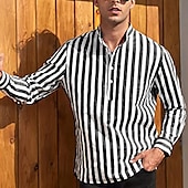 preiswerte Herrenhemd zum Knöpfen-Herren Hemd Hemd mit chinesischem Kragen Hemd mit Stehkragen Popover-Hemd Sommerhemd Freizeithemd Schwarzgrau Blau Staubiges Blau Grün Langarm Gestreift Schwarz &amp; Weiß Kragen Lässig Täglich