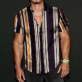 preiswerte Geometrische Muster-Herren Gestreift Geometrische Muster Hemd Kurzarm Modisch Designer Brautkleider schlicht Outdoor Täglich Sommer Kragen Bedruckt Button-Down Schwarz Rote Blau Purpur Grün