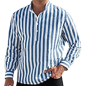 preiswerte Herrenhemd zum Knöpfen-Herren Hemd Hemd mit chinesischem Kragen Hemd mit Stehkragen Popover-Hemd Sommerhemd Freizeithemd Schwarzgrau Blau Staubiges Blau Grün Langarm Gestreift Schwarz &amp; Weiß Kragen Lässig Täglich