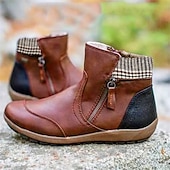 abordables Botines-Mujer Botas Tallas Grandes Exterior Diario Botines Botines Invierno Cremallera Tacón Plano Dedo redondo Vintage Casual Zapatos de Paseo Cuero PU Cremallera Plaid Bloque de color Negro Vino Morado