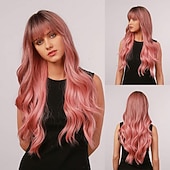 economico Parrucche trendy sintetiche-parrucca bionda lunga ombre per le donne 26 pollici parrucche ondulate bionde sintetiche parte centrale capelli resistenti al calore lunga parrucca bionda per abbigliamento da festa quotidiano