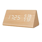 cheap Radios and Clocks-Wooden Digital Alarm Clock with Wooden Electronic LED Time Display 3 Alarm Settings Humidity Temperature Detect Wood Made Electric Clocks for Bedroom