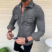 abordables camisas de mezclilla de los hombres-Hombre Camisa vaquera Color sólido Diario Viaje Azul Piscina Negro Azul claro Manga Larga Cuello Primavera &amp; Otoño Ropa Abotonar