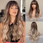 cheap Synthetic Trendy Wigs-Long Auburn Wig with Bangs Layered Curly Orange Wigs for Women Natural Synthetic Wigs for Daily Use