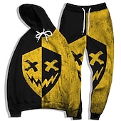billige Herre 3D Sweatshirt Sett-Herre Grafisk Grimasse 2stk 3D-genseresett Joggedress Hettegensere Langermet Lange bukser Med hette Gatemote Grunnleggende Fritid Sport &amp; Utendørs Avslappet Sport Trykt mønster Vår Høst Lysegul Gul
