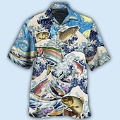 billiga Tropiska växter-Herr Vågiga Grafiska tryck Fisk Skjorta Hawaii skjorta Kortärmad Skjorta Nedvikt Ledigt Hawaiisk Blå Mönster Button-Down Kläder Tropisk Mode Hawaiisk Mjukt