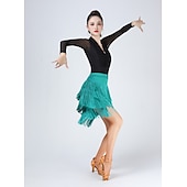 cheap Latin Dancewear-Latin Dance Skirts Tassel Pure Color Women&#039;s Training Party High Terylene