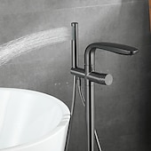 billige Sidespray-badekar armatur gulvfeste frittstående badekar fyller messing høystrøm dusjkraner med håndholdt dusj blandebatteri dreibar tut (pistol grå/børstet gyllen)