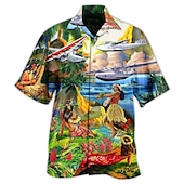 preiswerte Retro Vintage Druck-Herren Flugzeug Hula-Mädchen Hemd Sommer Hawaiihemd Alohahemd Kurzarm Hemd Umlegekragen Tropisch Mode Hawaiianisch Lässig Hawaiianisch Ferien Blau S M L