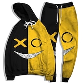 billige Herre 3D Sweatshirt Sett-Herre Grafisk Grimasse 2stk 3D-genseresett Joggedress Hettegensere Langermet Lange bukser Med hette Gatemote Grunnleggende Fritid Sport &amp; Utendørs Avslappet Sport Trykt mønster Vår Høst Lysegul Gul