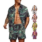 お買い得  メンズプリントシャツセット-男性用 グラフィック シュロの葉 熱帯植物 2個 シャツセット アロハシャツ 半袖 ショートパンツ 折襟 デザイナー ビーチスタイル バケーション カジュアル 日常 3D 夏 シルバー レッド-ホワイト グリーン-ブラック