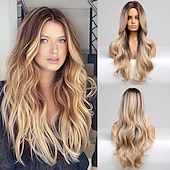 economico Parrucche trendy sintetiche-parrucca bionda lunga ombre per le donne 26 pollici parrucche ondulate bionde sintetiche parte centrale capelli resistenti al calore lunga parrucca bionda per abbigliamento da festa quotidiano