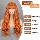 billige Syntetiske trendy parykker-lang oransje parykk med pannelugg bølget krøllet ingefær bangs parykk syntetisk kvinner oransje lang parykk naturlig leter etter daglig og halloween fest