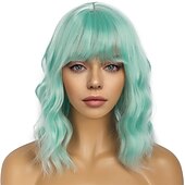 levne Syntetické trendy paruky-krátké bobové paruky s ofinou pro ženy volná vlnitá paruka kudrnatá vlnitá délka po ramena bob syntetická cosplay paruka pro dívky barevné kostýmní paruky