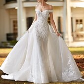 cheap Formal Wedding Dresses-Engagement Formal Wedding Dresses Two Piece Off Shoulder Cap Sleeve Court Train Satin Bridal Gowns With Beading Appliques 2025
