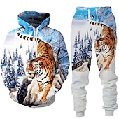 cheap Men&#039;s 3D Sweatshirt Sets-Men&#039;s Graphic Animal Wolf 2pcs 3D Sweatshirt Sets Tracksuit Hoodies Long Sleeve Long pants Hooded Streetwear Designer Basic Sports &amp; Outdoor Casual Sports Print Spring Fall Black White Blue