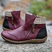 abordables Botines-Mujer Botas Tallas Grandes Exterior Diario Botines Botines Invierno Cremallera Tacón Plano Dedo redondo Vintage Casual Zapatos de Paseo Cuero PU Cremallera Plaid Bloque de color Negro Vino Morado
