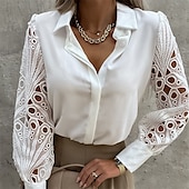 baratos Tops elegantes-Mulheres Camisa Social Camisa de renda Blusa Topo de ilhó Cor Sólida / Simples Elegante Moda Diário Colarinho de Camisa Escritório Rua Para Noite Patchwork Buraco Preto Branco Primavera &amp; Outono