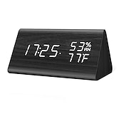 cheap Radios and Clocks-Wooden Digital Alarm Clock with Wooden Electronic LED Time Display 3 Alarm Settings Humidity Temperature Detect Wood Made Electric Clocks for Bedroom