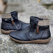 abordables Botines-Mujer Botas Tallas Grandes Exterior Diario Botines Botines Invierno Cremallera Tacón Plano Dedo redondo Vintage Casual Zapatos de Paseo Cuero PU Cremallera Plaid Bloque de color Negro Vino Morado