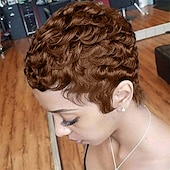 cheap Black &amp; African Wigs-Short Curly Pixie Cut Wigs with Bangs Wine Red Color Short Human Hair Wigs for Black Women Cute Daily Wear Wig Burgundy 99J Color