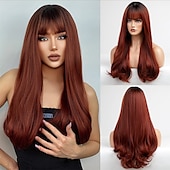 cheap Synthetic Trendy Wigs-Long Auburn Wig with Bangs Layered Curly Orange Wigs for Women Natural Synthetic Wigs for Daily Use