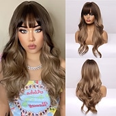 economico Parrucche trendy sintetiche-parrucca bionda lunga ombre per le donne 26 pollici parrucche ondulate bionde sintetiche parte centrale capelli resistenti al calore lunga parrucca bionda per abbigliamento da festa quotidiano