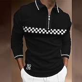 Men's Plaid Zip Polo Shirts Golf Shirt Long Sleeve Polo Shirts Collared Shirts Casual Vacation Wear Formal Wear Festival Wear 3D Print Quarter Zip Polo Black3