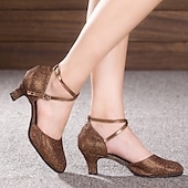 abordables Chaussures de bal, de danse moderne-Femme Salon Chaussures Modernes Utilisation Intérieur Valse Sandale Talon Couleur Pleine Talon Cubain Boucle Argent Doré Marron
