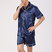cheap Men&#039;s Pajamas-Men&#039;s Sleepwear Pajama Set Silk Pajama Pajama Top and Shorts 1 set Plain Fashion Comfort Home Bed Faux Silk Comfort Lapel Short Sleeve Shorts Button Spring Summer Black Blue