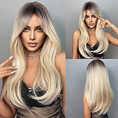 abordables Perruques Synthétiques Sans Bonnet-Blonde Brown Wavy Body Wave Full wig Hair for Women Lady Girl Middle Part 26 pouces résistant à la chaleur synthétique perruque d'aspect naturel quotidien à tout moment cosplay party
