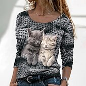 ieftine Tricou cu animale-tricou dama imprimeu pisica de baza maneca lunga topuri obisnuite gat rotund weekend zilnic gri inchis toamna &amp;amp; iarnă
