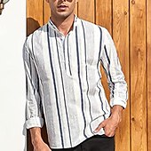 preiswerte Herrenhemd zum Knöpfen-Herren Hemd Hemd mit chinesischem Kragen Hemd mit Stehkragen Popover-Hemd Sommerhemd Freizeithemd Schwarzgrau Blau Staubiges Blau Grün Langarm Gestreift Schwarz &amp; Weiß Kragen Lässig Täglich