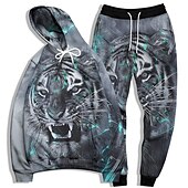 abordables Motif 3D-Homme Ensemble Survetement Ensemble de sweats à capuche Noir et Blanc Noir Noir + blanc Jaune Gris Claire Capuche Graphic tigre 2 Pièces Imprimer Sport &amp; Loisir Casual Des sports 3D effet basique