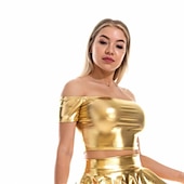 cheap Tops-Metallic 1980s Shiny Latex Patent Crop Top PU Leather Off Shoulder Women&#039;s Carnival Costume Masquerade Party Bachelorette Party Pride Parade Adults&#039; Top