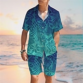 voordelige Bedrukte overhemden voor heren-Voor heren Grafische prints Bladeren Overhemden Sets Overhemdset Korte mouw Strijkijzer Tropisch Modieus Hawaii Straat Casual Hawaii Afdrukken Zomer Lente blauw Groen