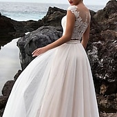 economico Abiti da sposa-Matrimonio in Spiaggia Abiti da Sposa Casual in Sala Separati Scollo Illusione Manica a Cappuccio Separati Pizzo Tops Sposa Abiti Sposa con Applicazioni