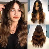 economico Parrucche trendy sintetiche-parrucca bionda lunga ombre per le donne 26 pollici parrucche ondulate bionde sintetiche parte centrale capelli resistenti al calore lunga parrucca bionda per abbigliamento da festa quotidiano