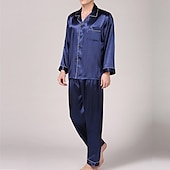 cheap Men&#039;s Pajamas-Men&#039;s Satin &amp; Silk Sleepwear Pajama Top and Pant Silk Pajama 2 Pieces Pure Color Luxury Home Bed Faux Silk Comfort Long Sleeve Pant Winter Fall Pure blue Blue cord
