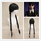 olcso Klasszikus horror-felnőttek szerdai addams ruha Addams családi női gót gótikus flare ruha film cosplay jelmez buli kis fekete ruha maszlag szerdával addams paróka aranyos természetes puha haj paróka sapka fonatok