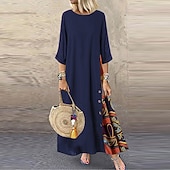 abordables Vestidos Florales Impresos-Mujer Amarillo Rojo Azul Marino Verano Primavera Otoño Vestido largo maxi Vestido bohemio Vestido informal Vestido de lino de algodón Bohemia Moda Casual Diario Exterior Noche Holgado Cuello Barco