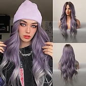 economico Parrucche trendy sintetiche-parrucca bionda lunga ombre per le donne 26 pollici parrucche ondulate bionde sintetiche parte centrale capelli resistenti al calore lunga parrucca bionda per abbigliamento da festa quotidiano