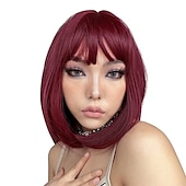 billige Syntetiske trendy parykker-rosa bob parykker med smell 12 tommer korte rett bob parykker fargerik syntetisk cosplay daglig fest parykk for kvinner
