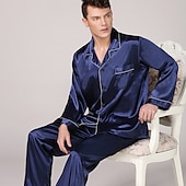 cheap Men&#039;s Pajamas-Men&#039;s Satin &amp; Silk Sleepwear Pajama Top and Pant Silk Pajama 2 Pieces Pure Color Luxury Home Bed Faux Silk Comfort Long Sleeve Pant Winter Fall Pure blue Blue cord