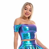 cheap Tops-Metallic 1980s Shiny Latex Patent Crop Top PU Leather Off Shoulder Women&#039;s Carnival Costume Masquerade Party Bachelorette Party Pride Parade Adults&#039; Top