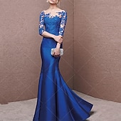 ieftine albastru-Rochie de seară sirenă rochie elegantă invitat formal la nuntă tren sweeping  brush mânecă 3/4 off shoulder satin cu butoane plisaje aplicații