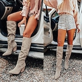 cheap Slouch Boots-Women&#039;s Taupe Suede Knee-High Western Boots with Block Heel, Stylish Pointed Toe Boots for Casual and Outdoor Wear