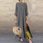 abordables Vestidos Florales Impresos-Mujer Amarillo Rojo Azul Marino Verano Primavera Otoño Vestido largo maxi Vestido bohemio Vestido informal Vestido de lino de algodón Bohemia Moda Casual Diario Exterior Noche Holgado Cuello Barco