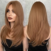 voordelige Synthetische trendy pruiken-lange 613 blonde pruik met pony rechte pruiken voor vrouwenhittebestendige gelaagde synthetische pruiken voor dagelijks gebruik